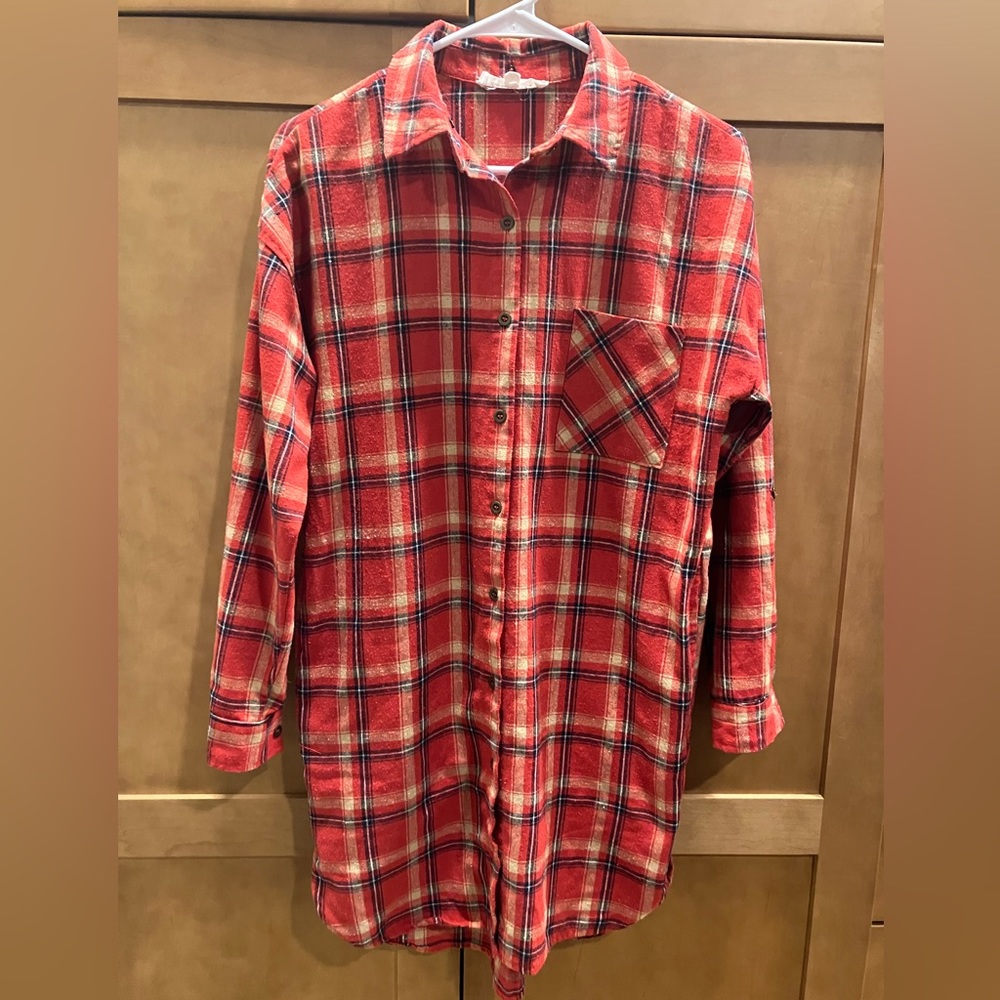 Red plaid shirt dress with pockets